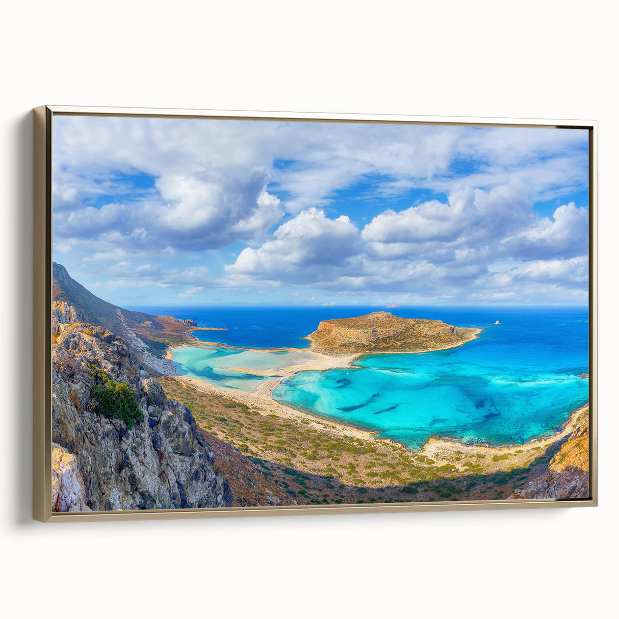 Framed canvas depicting a vintage-style landscape of Crete, Greece, in muted gold and black tones.