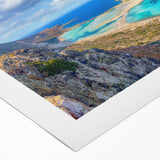 Art deco poster of Crete scenery in muted earth tones on rolled canvas, ideal for dining room wall art.