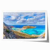 Extra large wall art of Crete, Greece scenery on rolled canvas, showing vibrant blue and white tones.