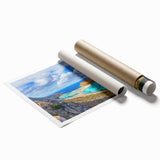 Extra large rolled print of Crete, Greece scenery with vibrant floral elements, ideal for classy bathroom wall art.