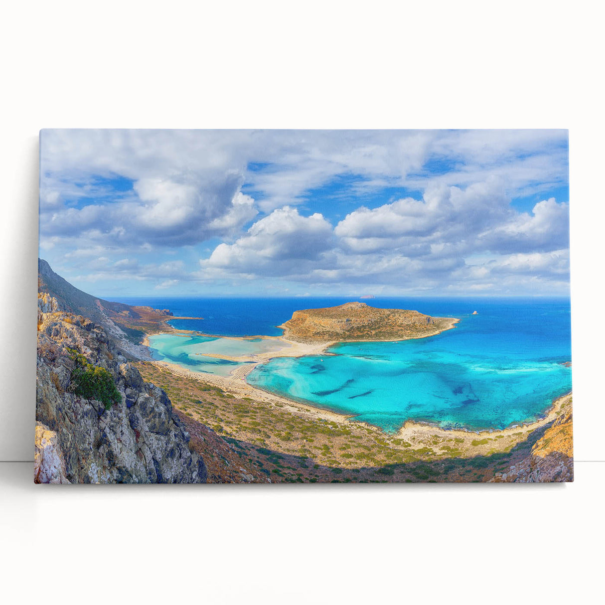 Black and white photograph of the Crete coastline on stretched canvas, suitable as large kitchen wall art.
