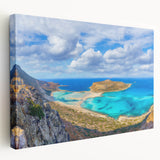 Scenic view of Crete, Greece on a stretched canvas, featuring blue and white tones, ideal for kitchen wall art.