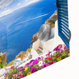 Large abstract depiction of Santorini with vivid blue and white tones on acrylic glass, suitable for dining room art.
