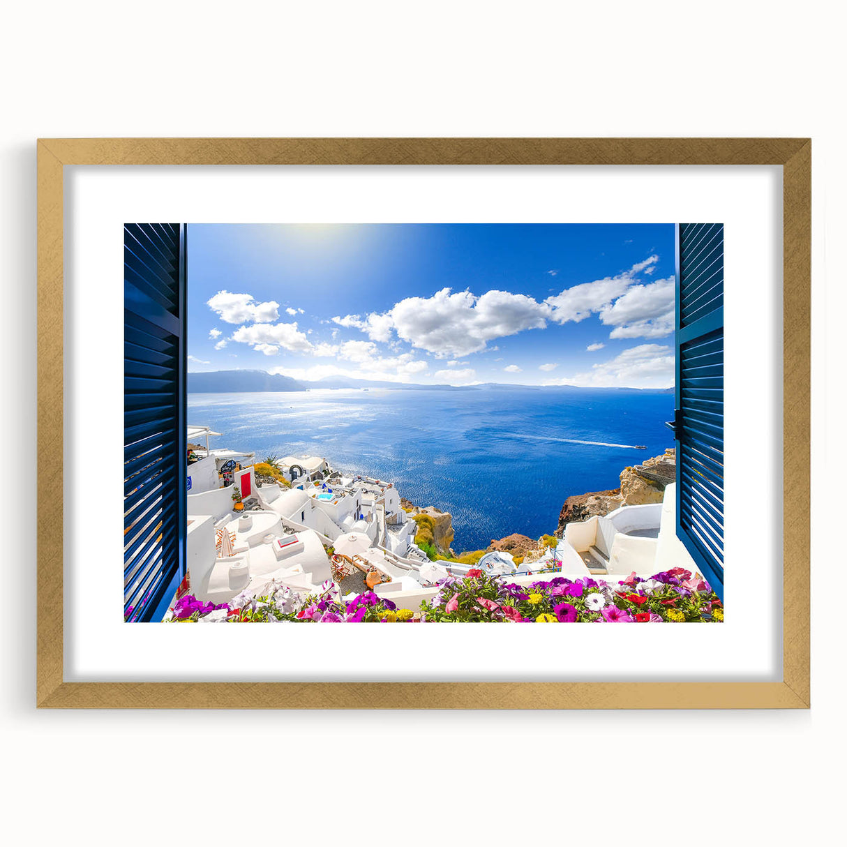 Abstract art print of Santorini with blue and white tones on a gold-framed canvas, suitable for dining room decor.