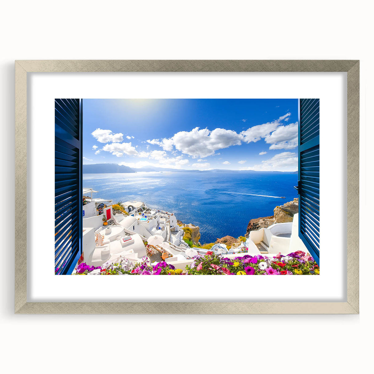 Extra large abstract art print of Santorini with textured blue and white tones, framed in silver.