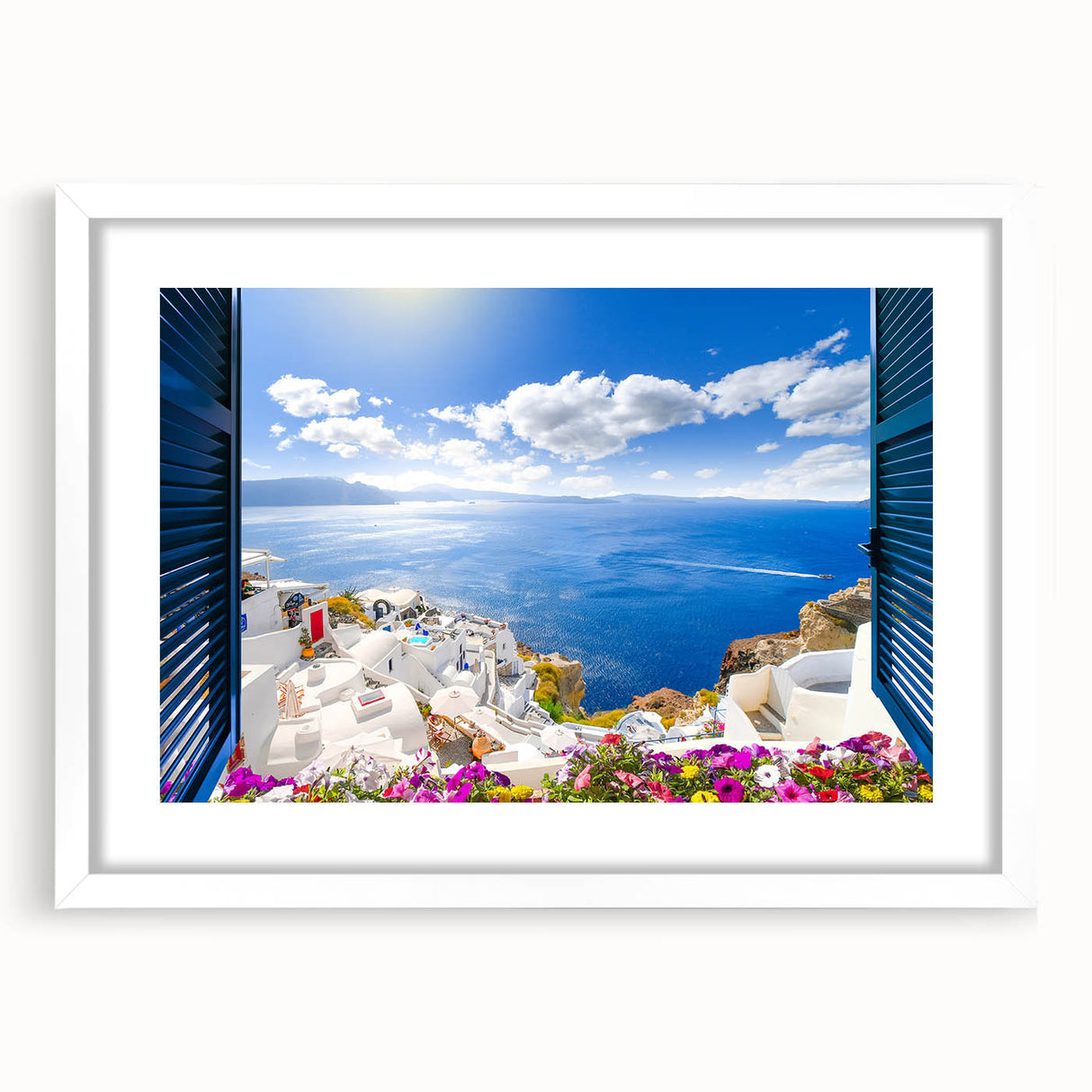 Textured art of Santorini with abstract blue and white tones on a framed white mat, ideal for bedroom art.