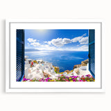 Textured art of Santorini with abstract blue and white tones on a framed white mat, ideal for bedroom art.