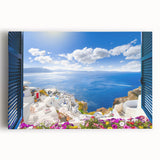 Black and white photograph of Santorini on stretched canvas, ideal for kitchen wall art or bedroom ambiance.