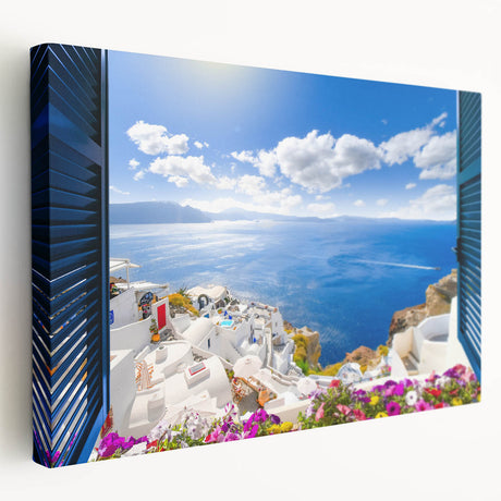 Large art print of Santorini scenery in vibrant blue and white tones on stretched canvas, ideal for kitchen wall art.