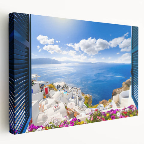 Large art print of Santorini scenery in vibrant blue and white tones on stretched canvas, ideal for kitchen wall art.