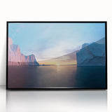 Large abstract wall art depicting a serene Greenland landscape in muted green and blue tones, framed in black acrylic.