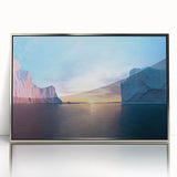Large art print of a serene Greenland landscape in muted green and blue tones, framed in silver acrylic.
