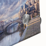 Large abstract wall art depicting a European scenery in muted earth tones on acrylic glass, ideal for dining room ambiance.