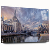 Large abstract wall art of a European scenery in Hungary, in muted earth tones on acrylic glass.
