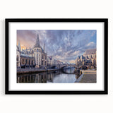Abstract art print of a European scenery in vibrant colors on a textured, extra large canvas, ideal for living room decor.