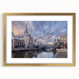 Abstract art print of a European scenery in Hungary, featuring muted earth tones on a framed gold mat.
