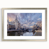Extra large abstract art print of a European scenery in muted earth tones, framed in silver, ideal for living room decor.