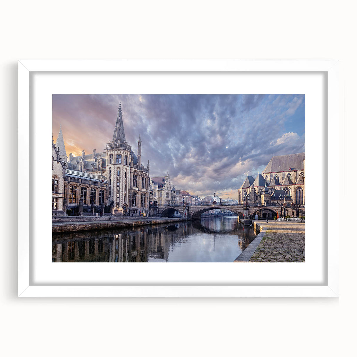Textured abstract art print of a European scenery in muted earth tones, framed in white, ideal for bedroom wall decor.