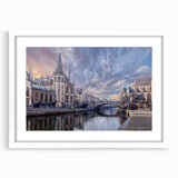 Textured abstract art print of a European scenery in muted earth tones, framed in white, ideal for bedroom wall decor.