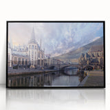 Large abstract wall art depicting a stylized European scenery in black and white tones on a framed acrylic.