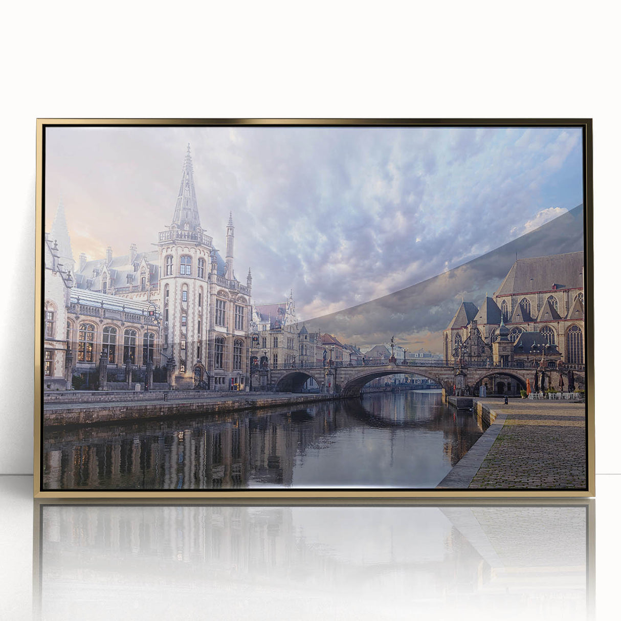 Mid-century modernist art depicting a European cityscape in muted gold tones, framed acrylic, ideal for nursery wall art.