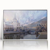 Large acrylic print of a mid-century modernist European scenery in muted colors, ideal for modern art wall decor.