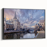 Black and white vintage poster art of a European landscape on framed canvas, suitable for bedroom wall decor.