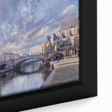 Extra large framed canvas of a textured, colorful European cityscape in black with vibrant accents.