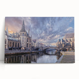 Black and white stretched canvas of a European cityscape, ideal for kitchen wall art.
