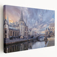 Side view of a stretched canvas featuring a scenic European landscape in muted earth tones, ideal for kitchen wall art.