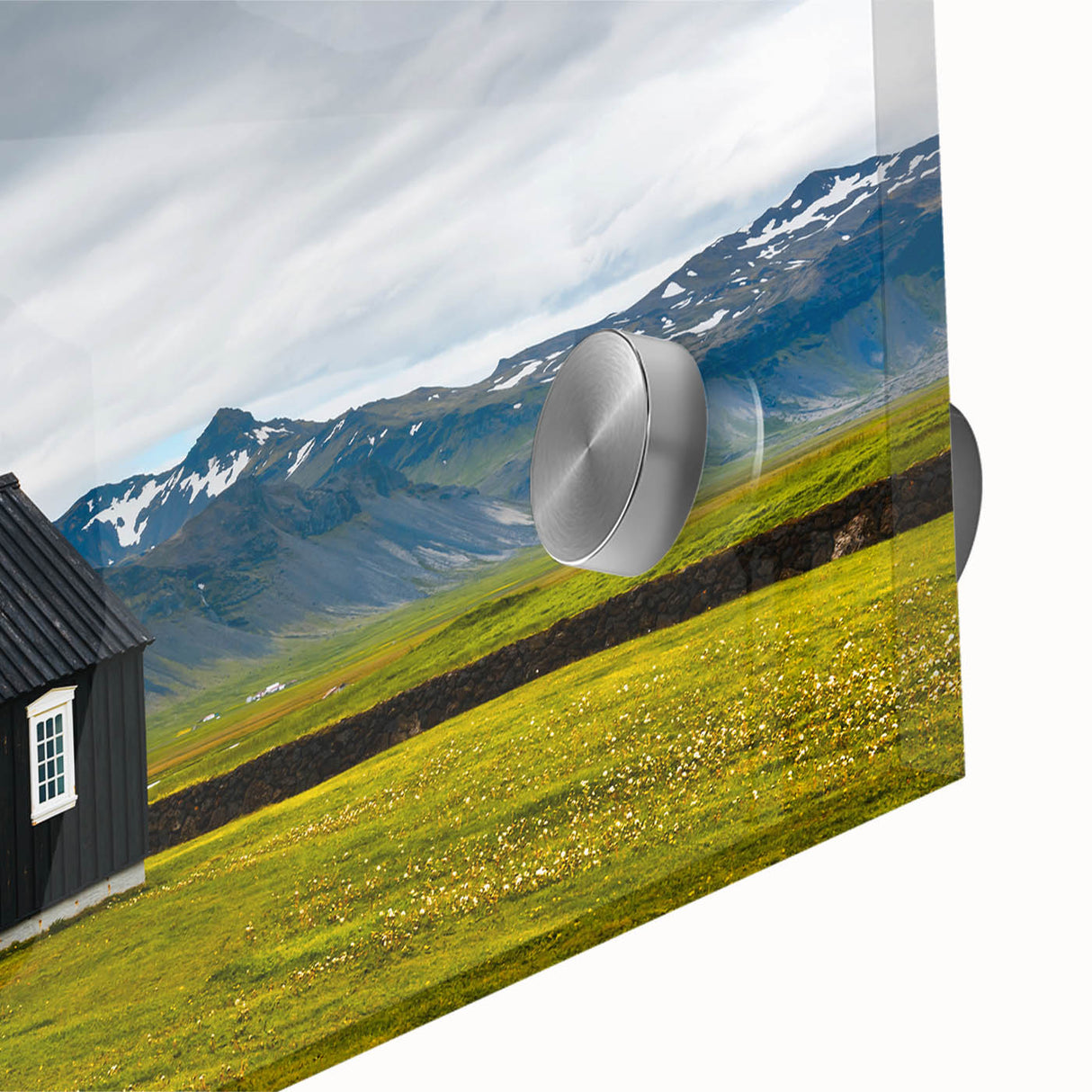 Large abstract wall art on acrylic glass depicting a subdued Icelandic landscape, ideal for dining room ambiance.