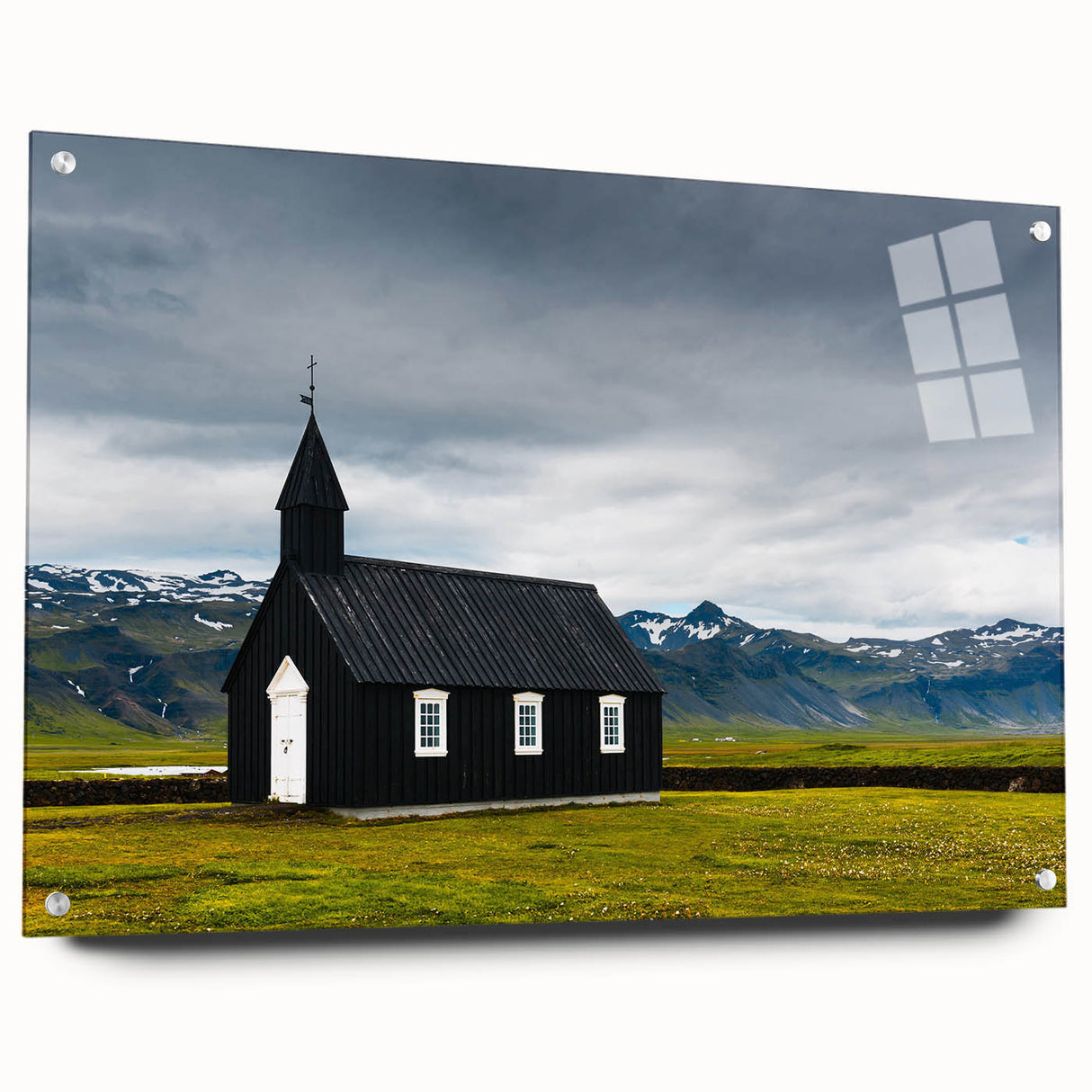 Acrylic print of a European Iceland landscape in cool blue and gray tones, suitable for dining room or bedroom decor.
