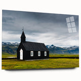 Large abstract wall art of Icelandic scenery in muted blue and gray tones on acrylic glass.