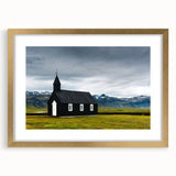 Abstract art print depicting a serene Icelandic landscape in cool blue and gray tones, framed in gold.