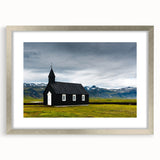 Extra large abstract art print featuring textured scenery of Iceland in muted gray and blue tones, framed with a silver mat.