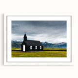 Textured abstract art print of a serene Icelandic landscape in muted blue and gray tones, framed with a white mat.