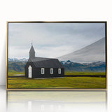 Art deco poster of a serene Icelandic landscape, with muted earth tones on framed acrylic.