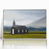 Mid-century modernist art of Icelandic scenery in muted blue and white tones, framed acrylic, ideal for nursery wall art.