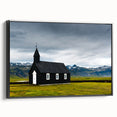 Black and white landscape art painting of Icelandic scenery on framed canvas, ideal for bedroom wall decor.