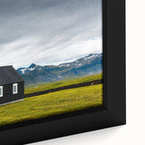 Extra large framed canvas featuring a textured Icelandic landscape in black with colorful accents.