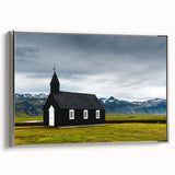 Framed canvas landscape art painting featuring a serene Icelandic scenery in muted blue and green tones.