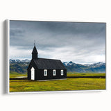 Vintage poster art of a scenic Icelandic landscape in vibrant colors on a large framed canvas, ideal for living room decor.