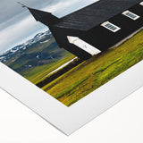 Art deco poster featuring a serene Icelandic landscape in muted blue and green tones on rolled canvas.