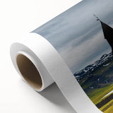 Art Deco poster of Iceland scenery in muted blue and green tones on rolled canvas, suitable as nursery wall art.