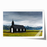 Extra large rolled print of a serene Icelandic landscape with muted green and blue tones, ideal for dining room wall art.