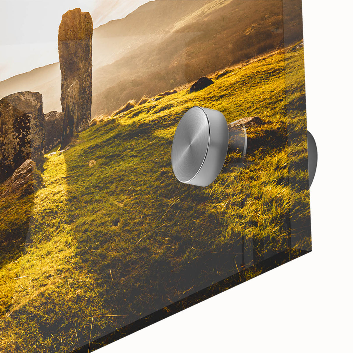 Large abstract wall art of an Irish landscape in muted green and blue tones on acrylic glass, ideal for dining room ambiance.