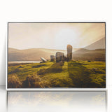 Mid-century modernist art depicting a serene Irish landscape in muted greens and blues on a framed acrylic panel.