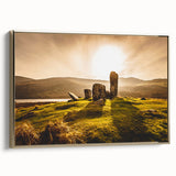 Framed canvas of a vintage-style Irish landscape in muted greens and golds, ideal for bedroom wall art.
