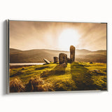Landscape art painting of a scenic Irish countryside on framed canvas, featuring vibrant green and muted earth tones.