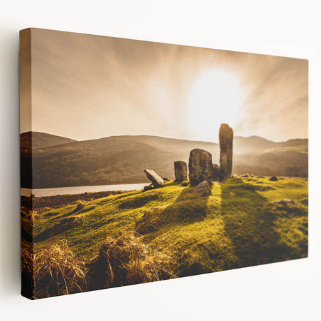 Scenic Ireland landscape on large stretched canvas, displaying lush green fields under a cloudy sky.